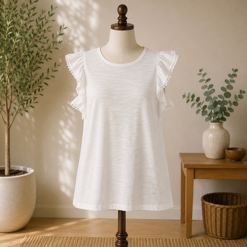 Caslon Ruffle Pom Pom Sleeve Top Womens Medium White Slub Knit Eyelet Trim Boho